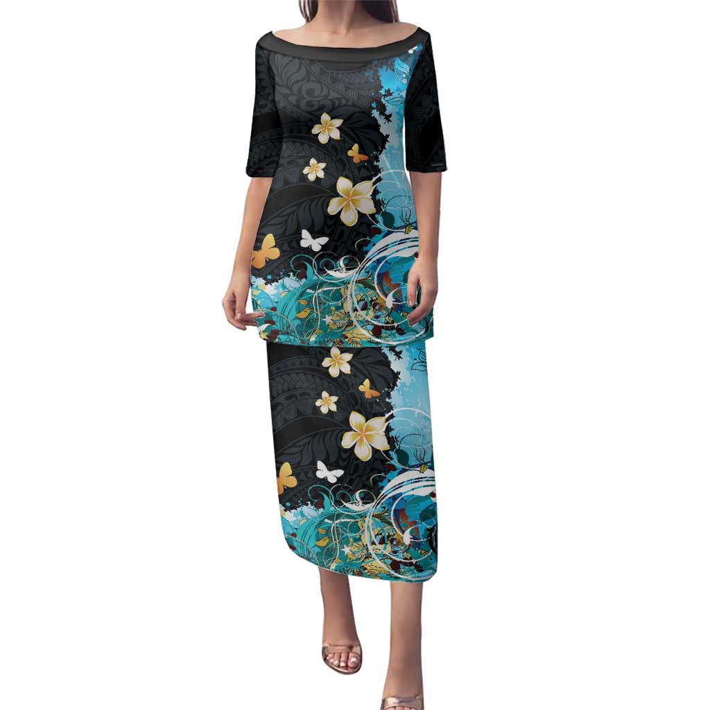Blue Grunge Polynesian Pattern Family Matching Puletasi and Hawaiian Shirt Plumeria Floral LT01 Mom's Dress Blue - Polynesian Pride