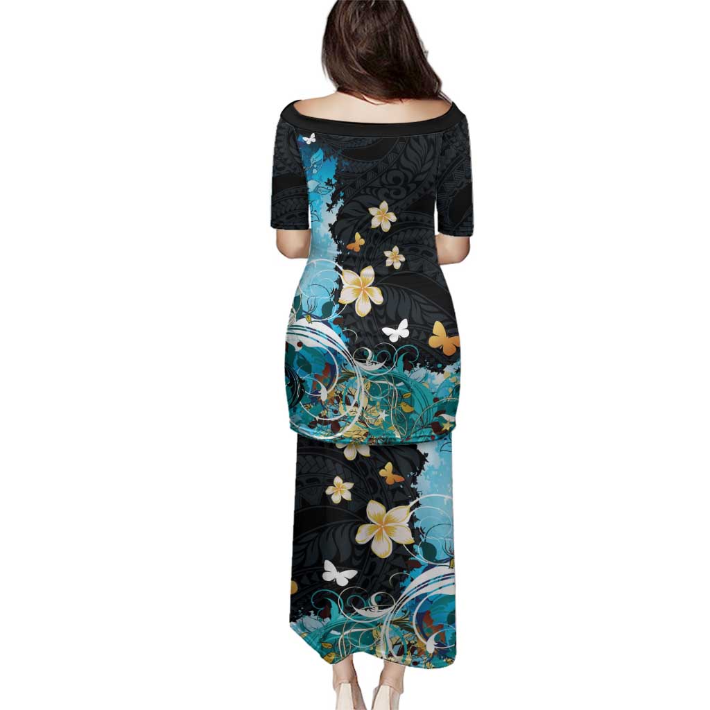 Blue Grunge Polynesian Pattern Family Matching Puletasi and Hawaiian Shirt Plumeria Floral LT01 - Polynesian Pride