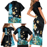 Blue Grunge Polynesian Pattern Family Matching Short Sleeve Bodycon Dress and Hawaiian Shirt Plumeria Floral LT01 - Polynesian Pride