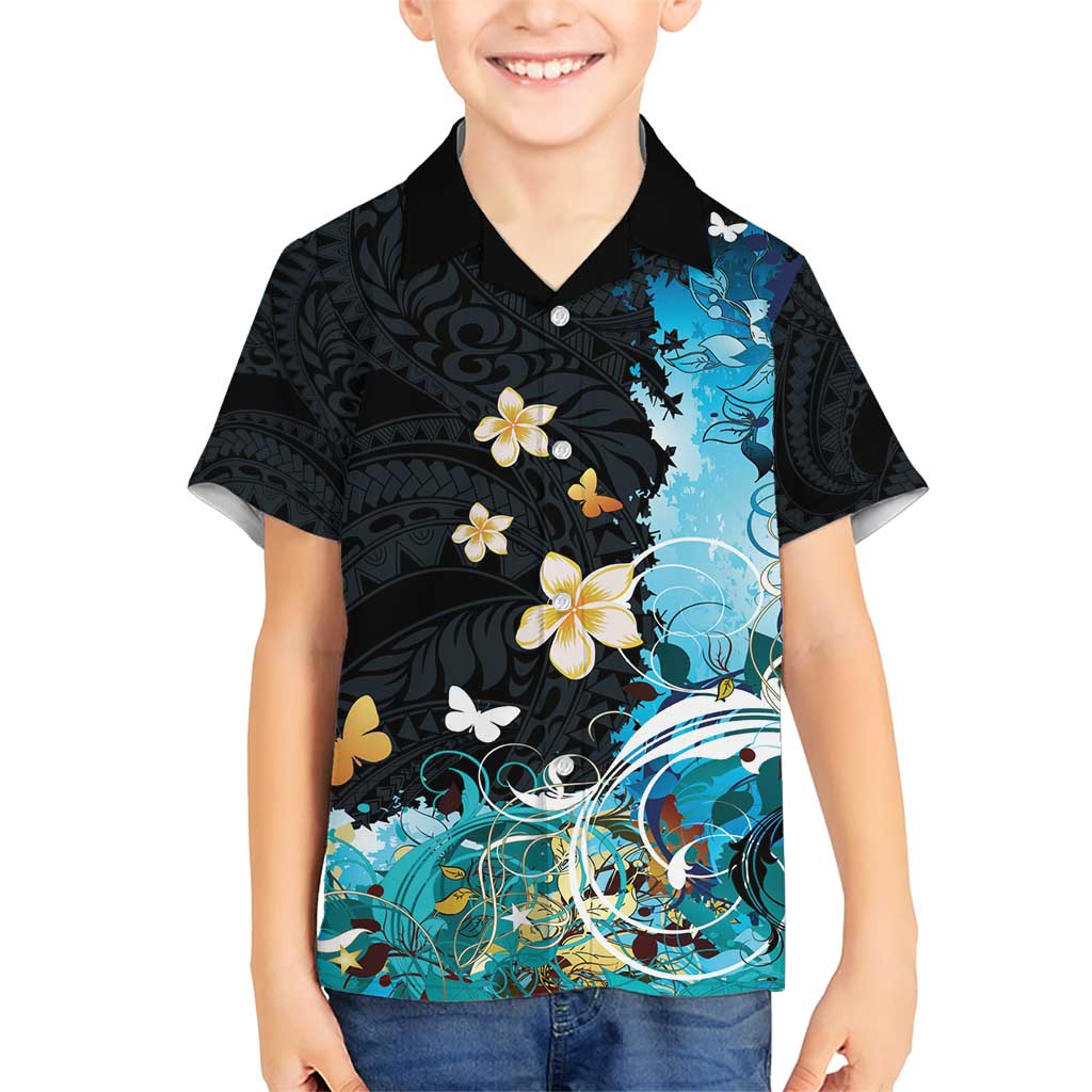 Blue Grunge Polynesian Pattern Family Matching Short Sleeve Bodycon Dress and Hawaiian Shirt Plumeria Floral LT01 Son's Shirt Blue - Polynesian Pride