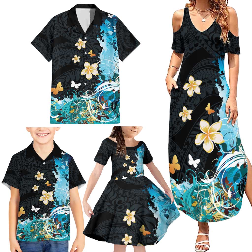 Blue Grunge Polynesian Pattern Family Matching Summer Maxi Dress and Hawaiian Shirt Plumeria Floral LT01 - Polynesian Pride