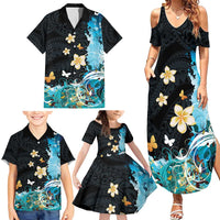 Blue Grunge Polynesian Pattern Family Matching Summer Maxi Dress and Hawaiian Shirt Plumeria Floral LT01 - Polynesian Pride