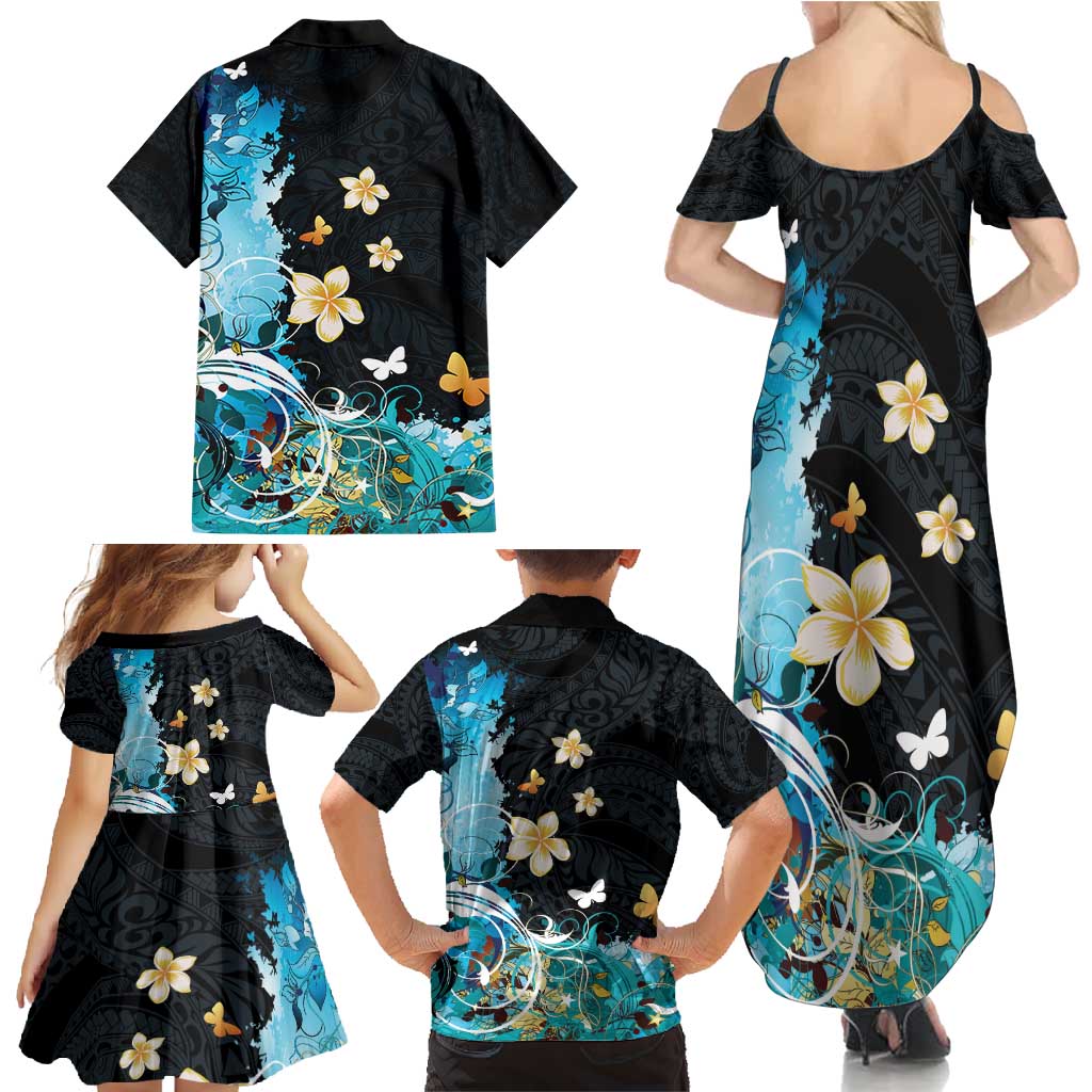 Blue Grunge Polynesian Pattern Family Matching Summer Maxi Dress and Hawaiian Shirt Plumeria Floral LT01 - Polynesian Pride