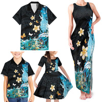 Blue Grunge Polynesian Pattern Family Matching Tank Maxi Dress and Hawaiian Shirt Plumeria Floral LT01 - Polynesian Pride