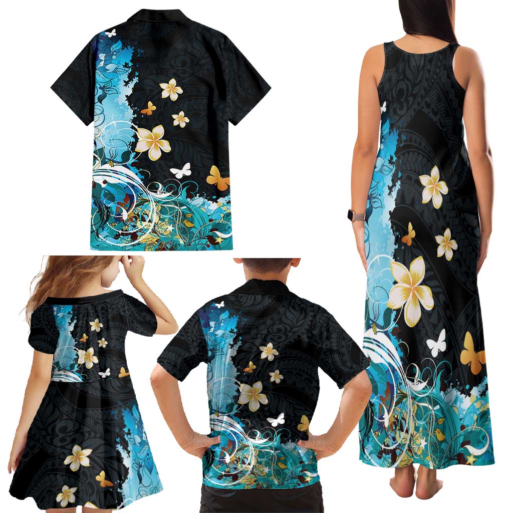 Blue Grunge Polynesian Pattern Family Matching Tank Maxi Dress and Hawaiian Shirt Plumeria Floral LT01 - Polynesian Pride