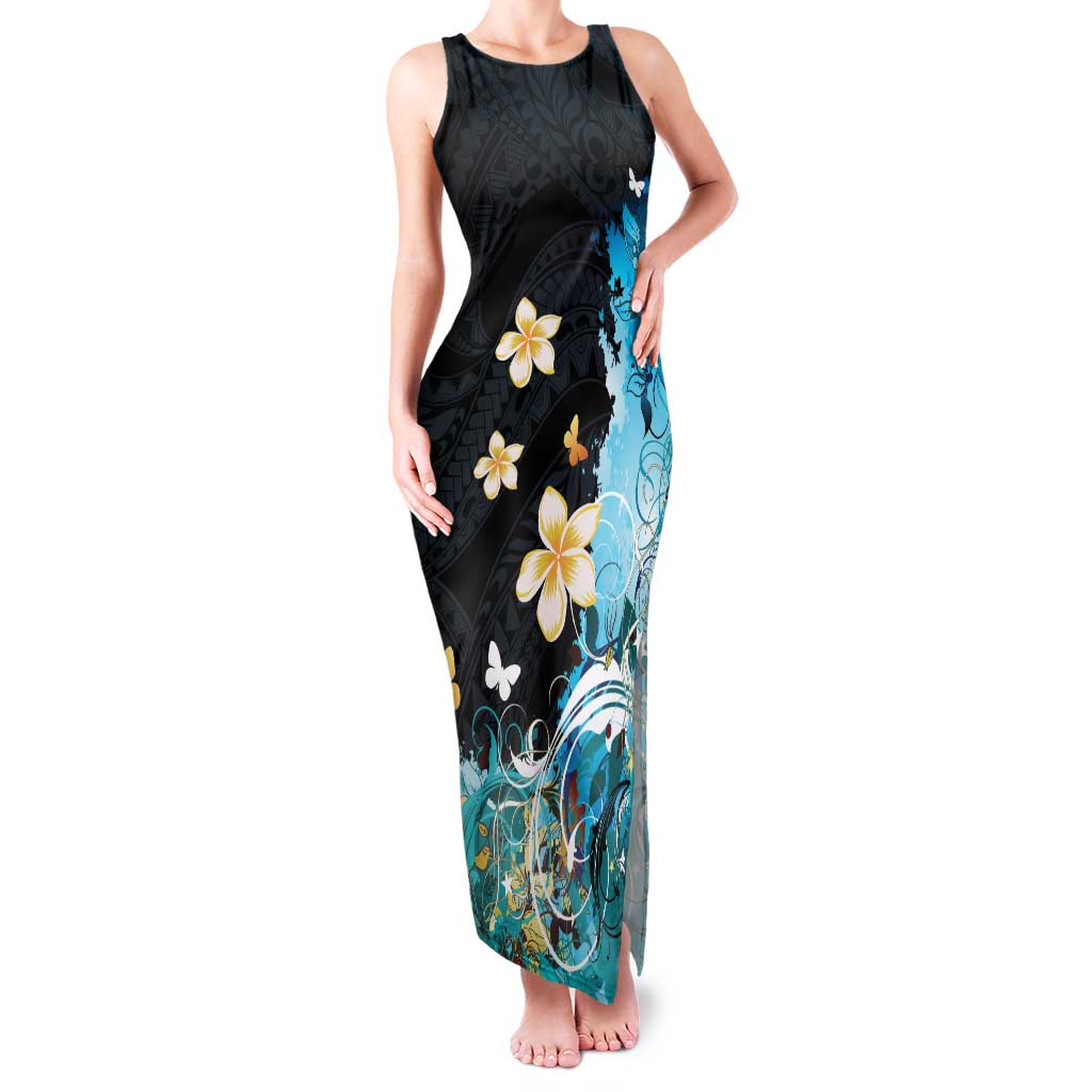 Blue Grunge Polynesian Pattern Family Matching Tank Maxi Dress and Hawaiian Shirt Plumeria Floral LT01 Mom's Dress Blue - Polynesian Pride