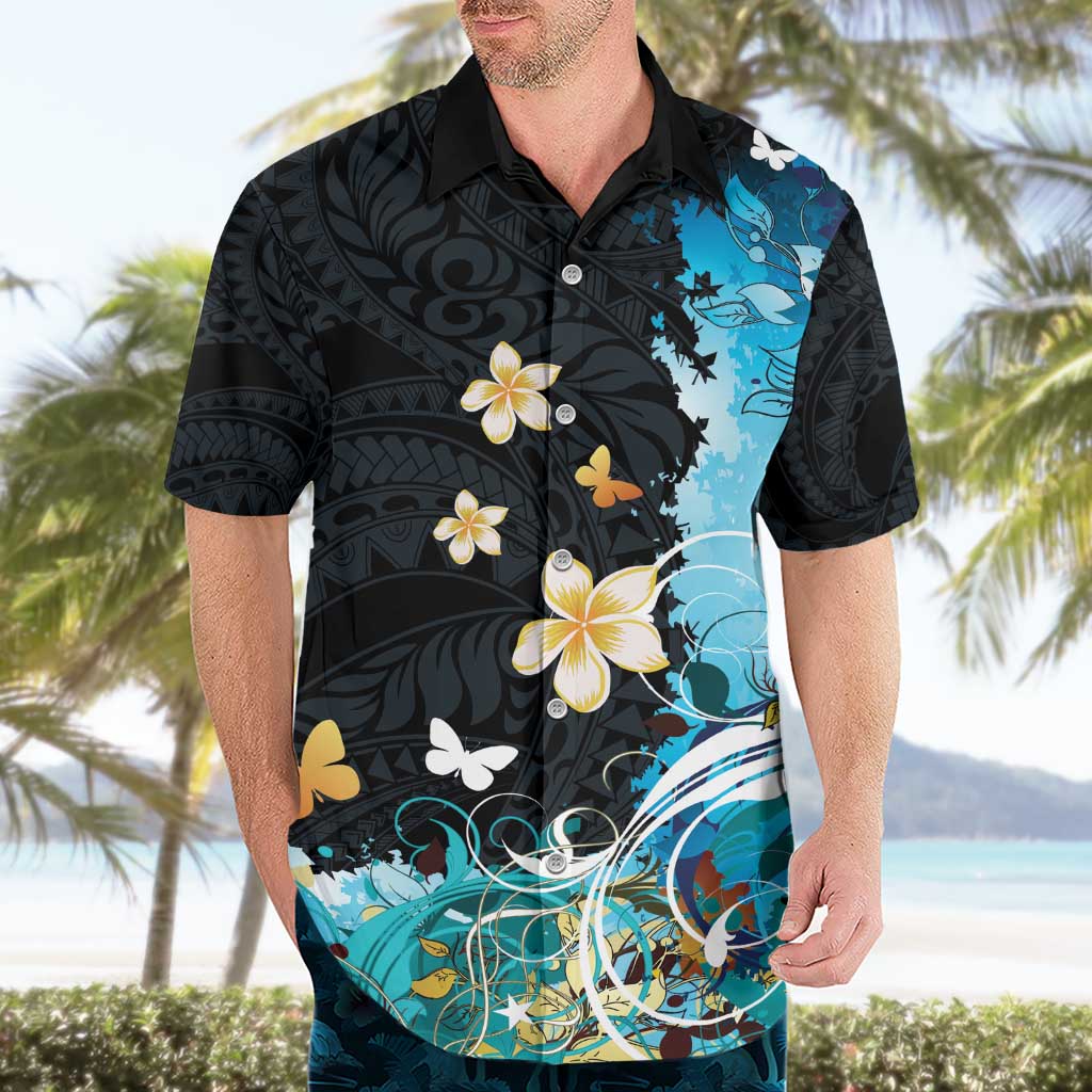 Blue Grunge Polynesian Pattern Hawaiian Shirt Plumeria Floral