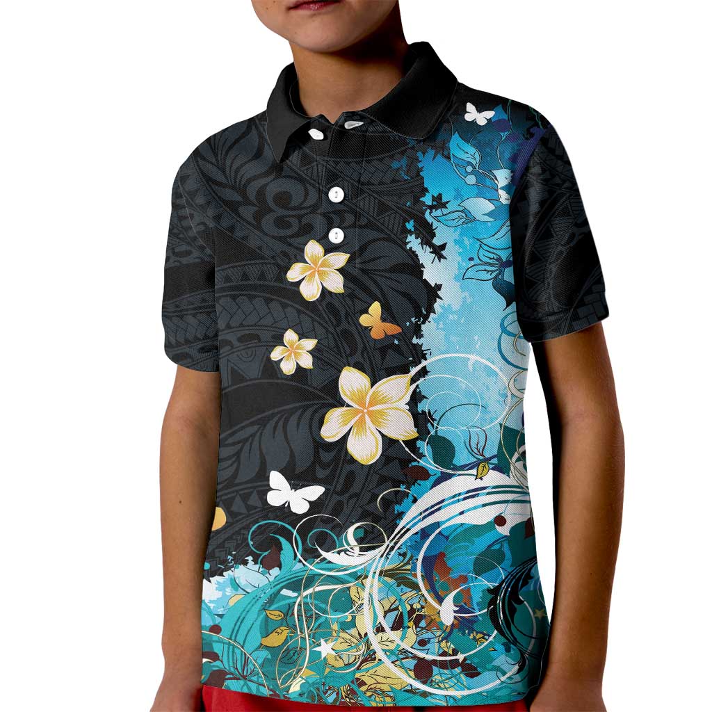 Blue Grunge Polynesian Pattern Kid Polo Shirt Plumeria Floral LT01 Kid Blue - Polynesian Pride