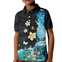 Blue Grunge Polynesian Pattern Kid Polo Shirt Plumeria Floral LT01 Kid Blue - Polynesian Pride