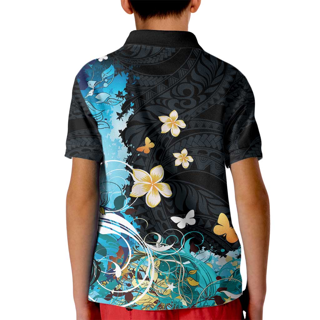 Blue Grunge Polynesian Pattern Kid Polo Shirt Plumeria Floral LT01 - Polynesian Pride
