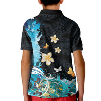 Blue Grunge Polynesian Pattern Kid Polo Shirt Plumeria Floral LT01 - Polynesian Pride