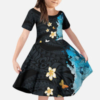 Blue Grunge Polynesian Pattern Kid Short Sleeve Dress Plumeria Floral LT01 KID Blue - Polynesian Pride