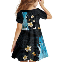 Blue Grunge Polynesian Pattern Kid Short Sleeve Dress Plumeria Floral LT01 - Polynesian Pride