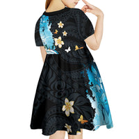Blue Grunge Polynesian Pattern Kid Short Sleeve Dress Plumeria Floral LT01 - Polynesian Pride