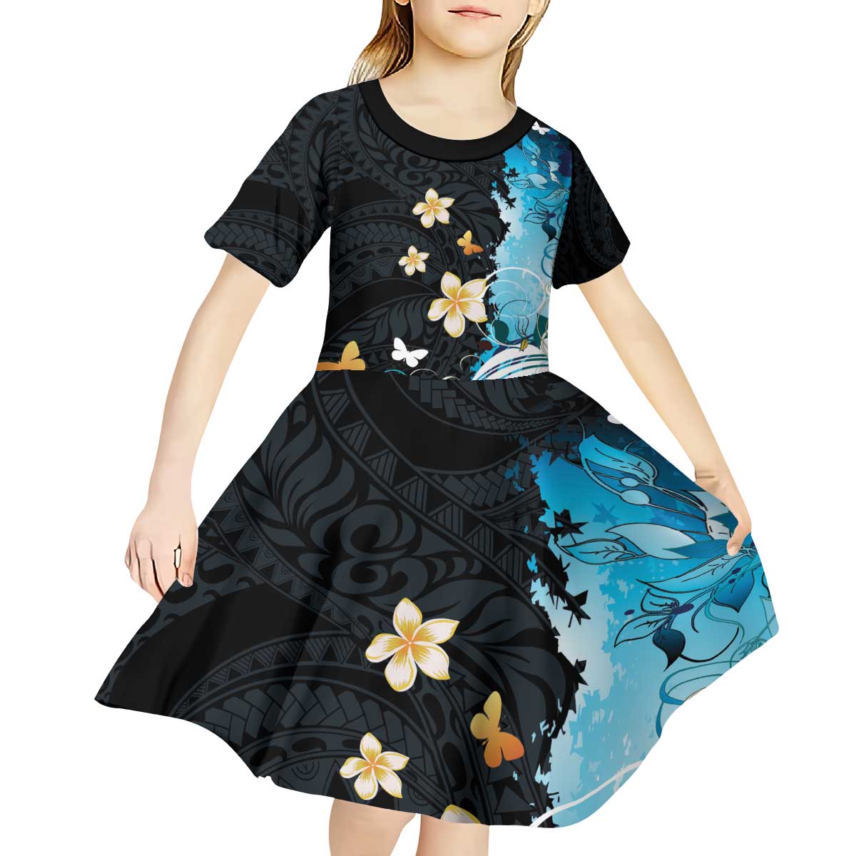 Blue Grunge Polynesian Pattern Kid Short Sleeve Dress Plumeria Floral LT01 - Polynesian Pride
