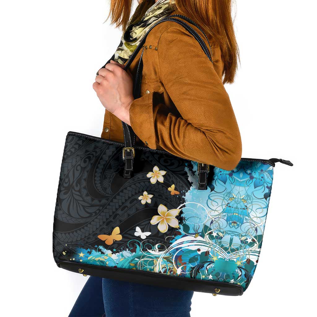 Blue Grunge Polynesian Pattern Leather Tote Bag Plumeria Floral LT01 Blue - Polynesian Pride