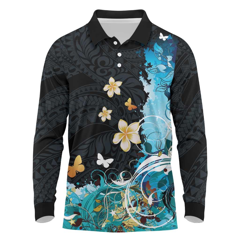 Blue Grunge Polynesian Pattern Long Sleeve Polo Shirt Plumeria Floral LT01 Blue - Polynesian Pride