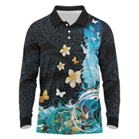 Blue Grunge Polynesian Pattern Long Sleeve Polo Shirt Plumeria Floral LT01 Blue - Polynesian Pride