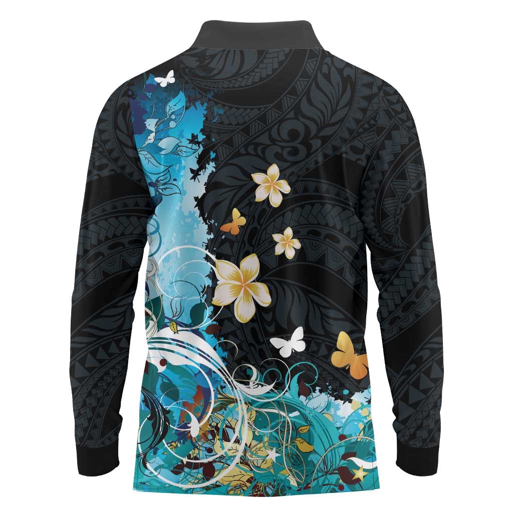 Blue Grunge Polynesian Pattern Long Sleeve Polo Shirt Plumeria Floral LT01 - Polynesian Pride