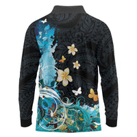 Blue Grunge Polynesian Pattern Long Sleeve Polo Shirt Plumeria Floral LT01 - Polynesian Pride