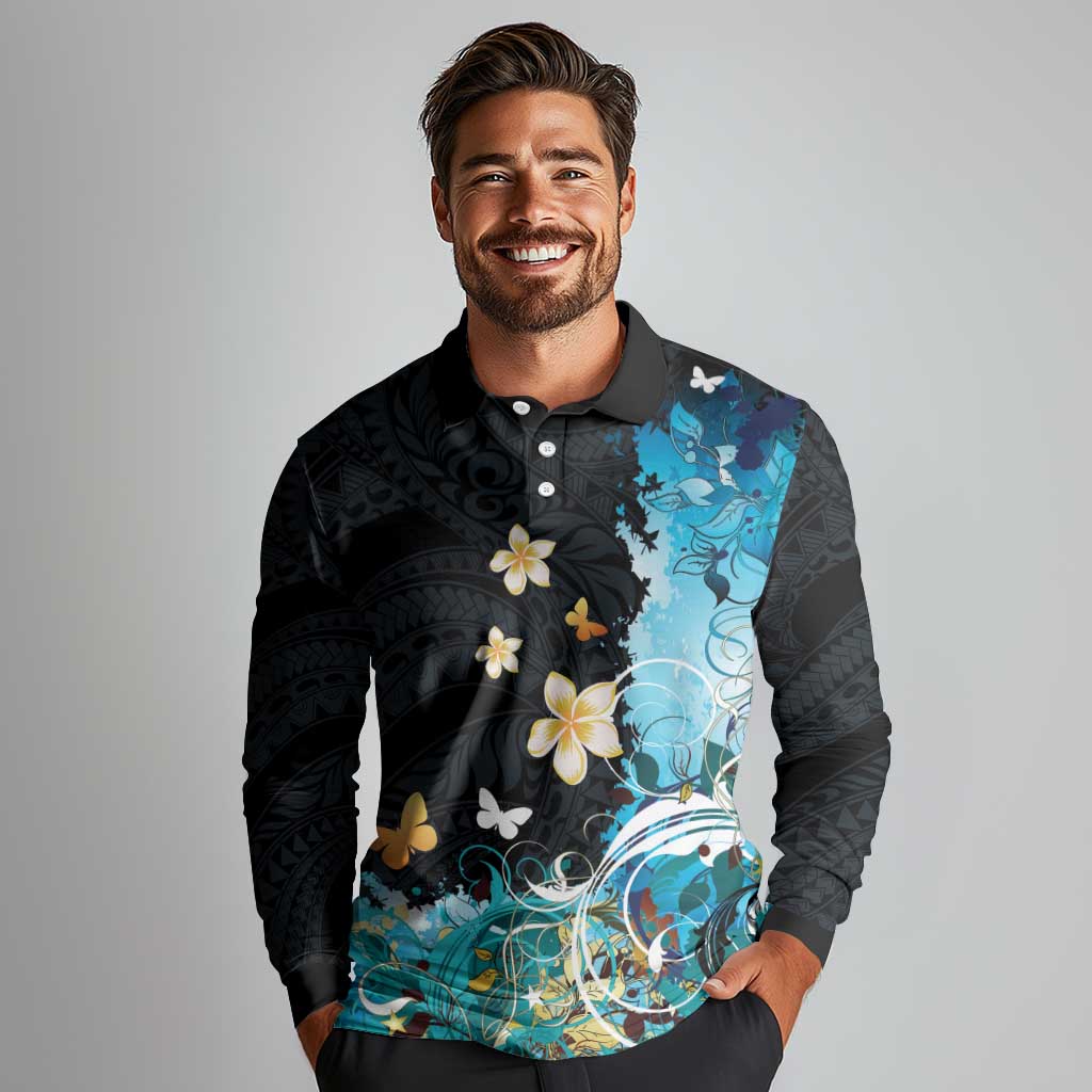 Blue Grunge Polynesian Pattern Long Sleeve Polo Shirt Plumeria Floral LT01 - Polynesian Pride