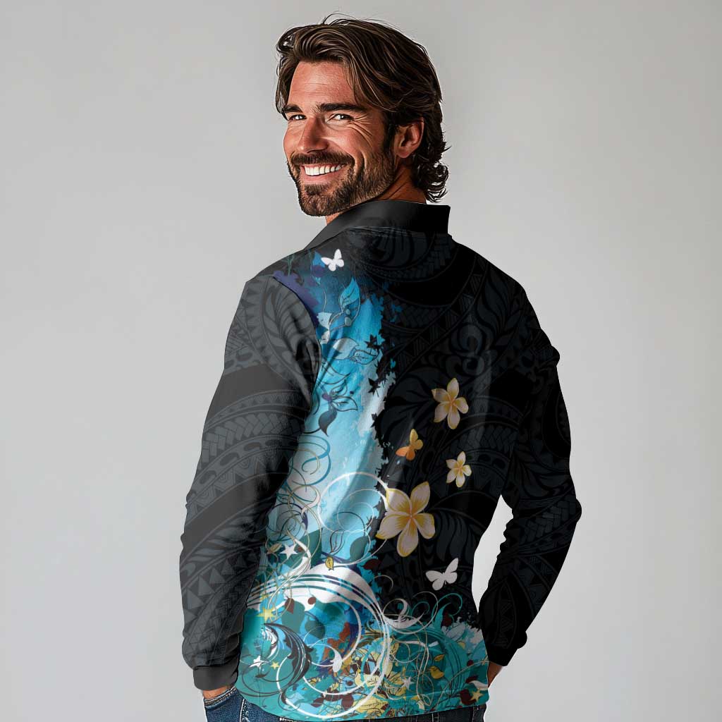 Blue Grunge Polynesian Pattern Long Sleeve Polo Shirt Plumeria Floral LT01 - Polynesian Pride