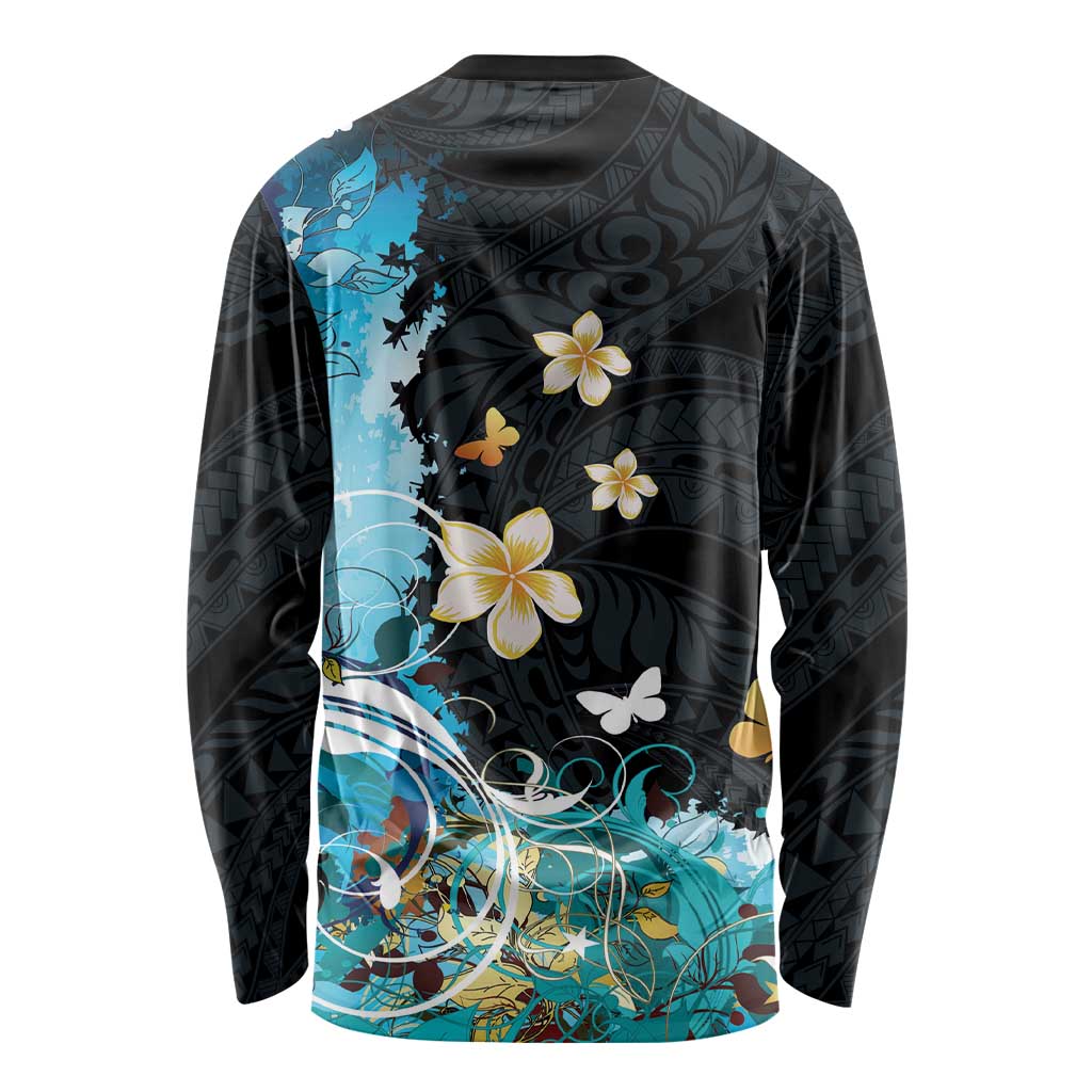 Blue Grunge Polynesian Pattern Long Sleeve Shirt Plumeria Floral