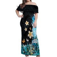 Blue Grunge Polynesian Pattern Off Shoulder Maxi Dress Plumeria Floral LT01 Women Blue - Polynesian Pride