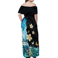 Blue Grunge Polynesian Pattern Off Shoulder Maxi Dress Plumeria Floral LT01 - Polynesian Pride