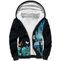 Blue Grunge Polynesian Pattern Sherpa Hoodie Plumeria Floral LT01 Unisex Blue - Polynesian Pride