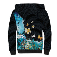 Blue Grunge Polynesian Pattern Sherpa Hoodie Plumeria Floral LT01 - Polynesian Pride