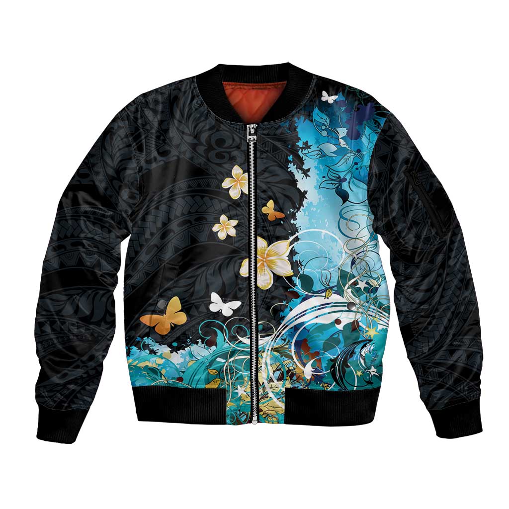 Blue Grunge Polynesian Pattern Sleeve Zip Bomber Jacket Plumeria Floral LT01 Unisex Blue - Polynesian Pride