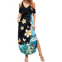 Blue Grunge Polynesian Pattern Summer Maxi Dress Plumeria Floral LT01 Women Blue - Polynesian Pride