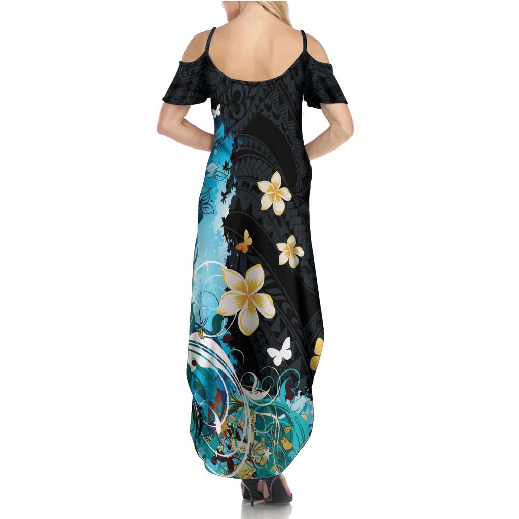 Blue Grunge Polynesian Pattern Summer Maxi Dress Plumeria Floral LT01 - Polynesian Pride