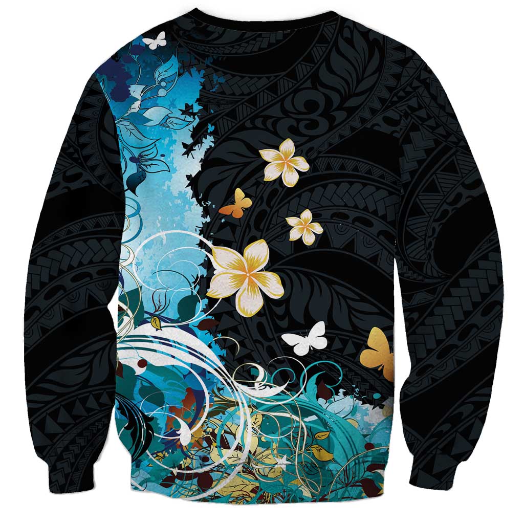 Blue Grunge Polynesian Pattern Sweatshirt Plumeria Floral