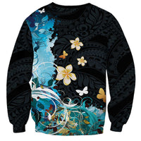 Blue Grunge Polynesian Pattern Sweatshirt Plumeria Floral