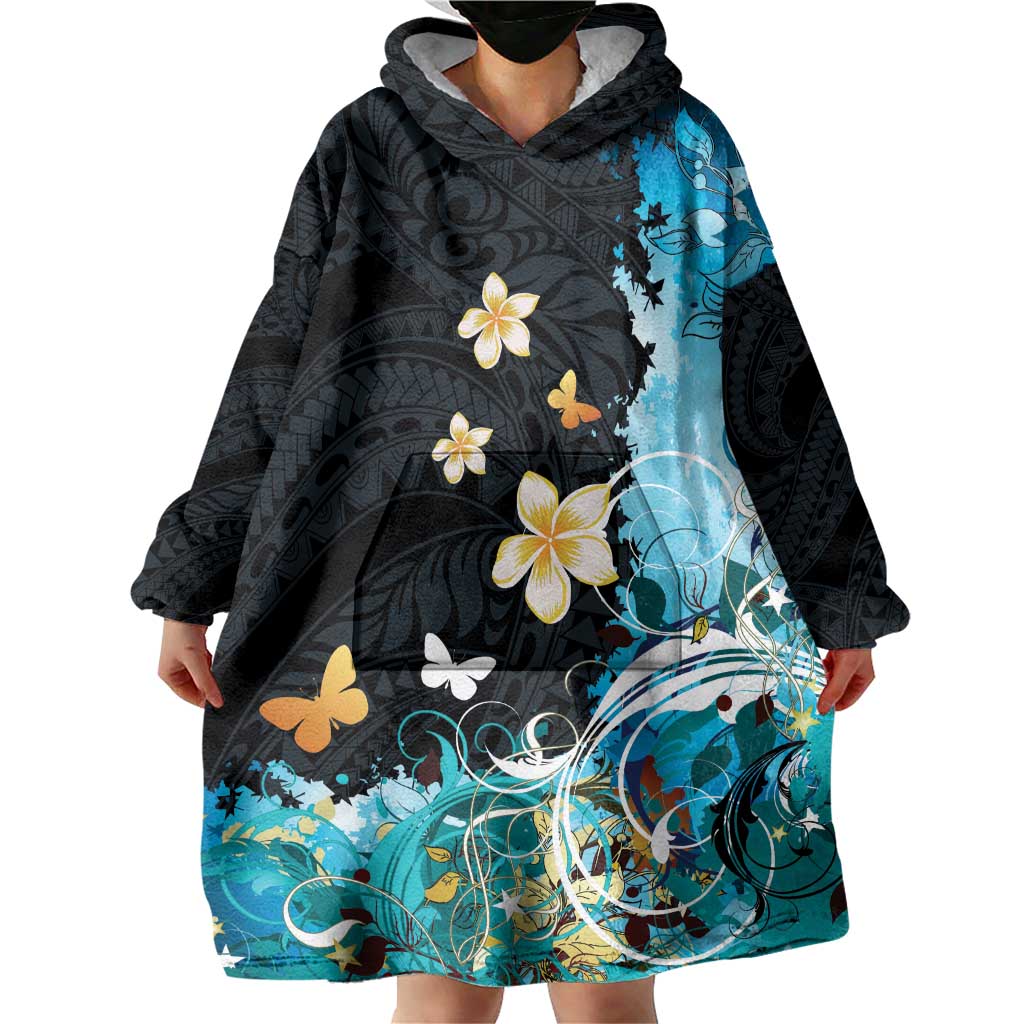 Blue Grunge Polynesian Pattern Wearable Blanket Hoodie Plumeria Floral