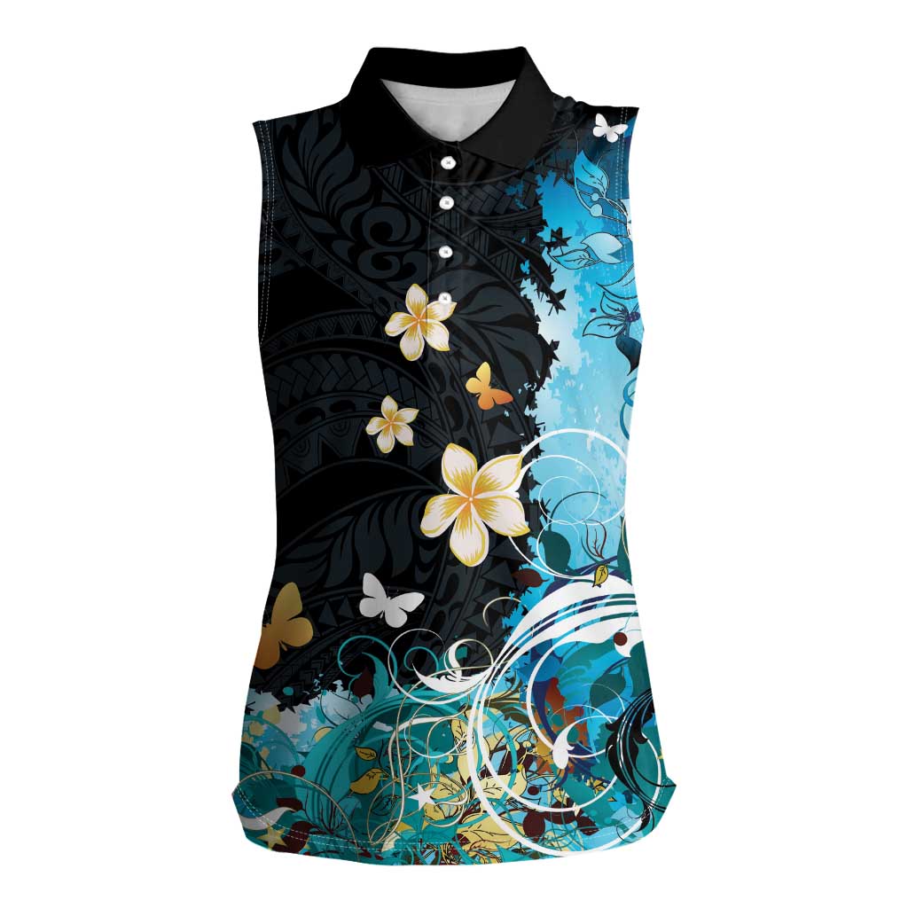 Blue Grunge Polynesian Pattern Women Sleeveless Polo Shirt Plumeria Floral LT01 Female Blue - Polynesian Pride