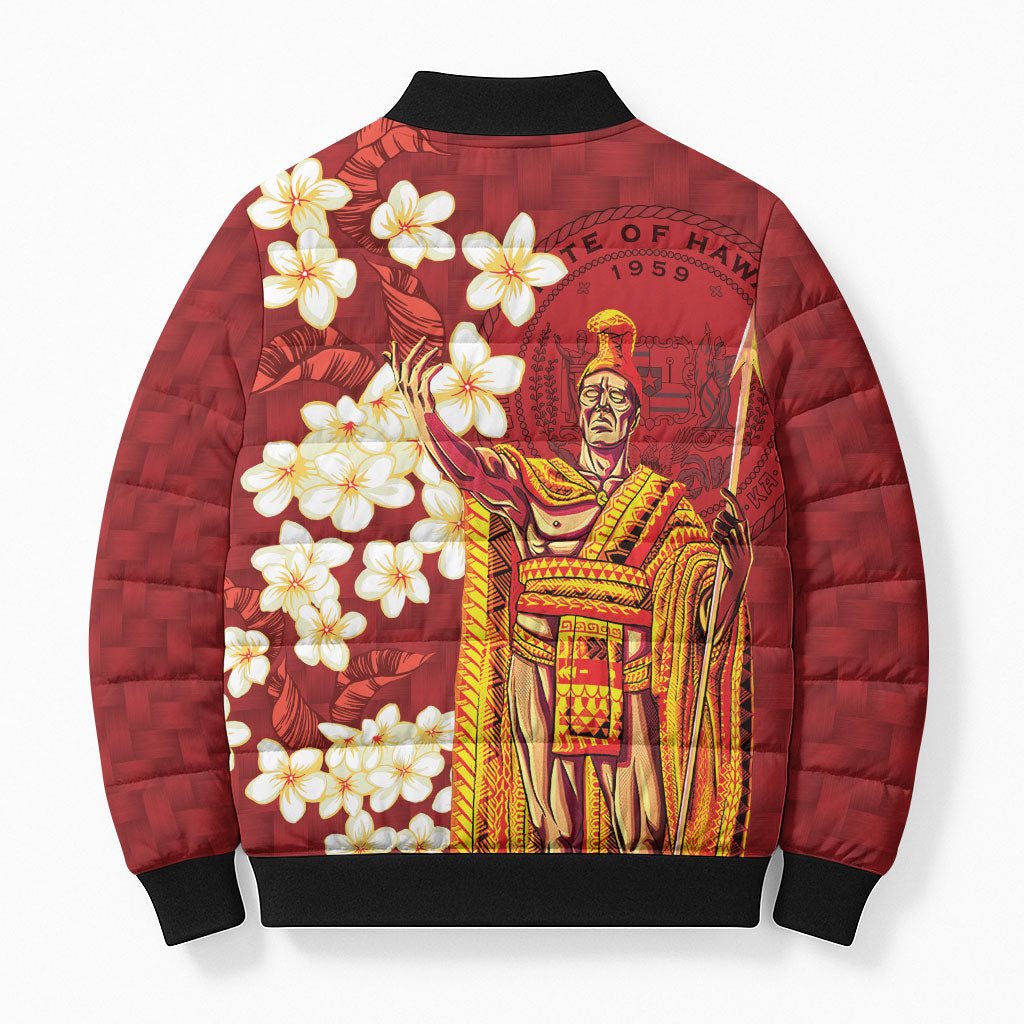 Hawaii King Kamehameha Bomber Puffer Jacket Plumeria Lauhala Pattern