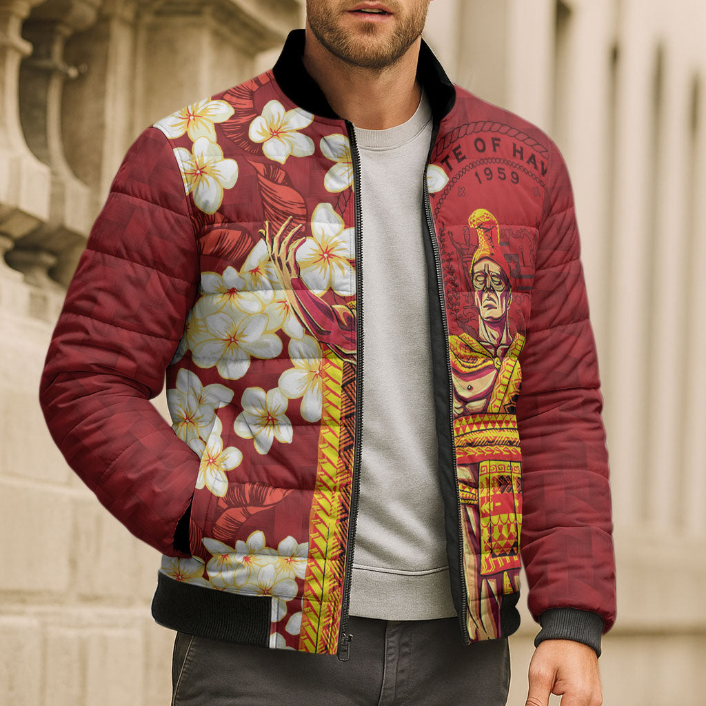 Hawaii King Kamehameha Bomber Puffer Jacket Plumeria Lauhala Pattern