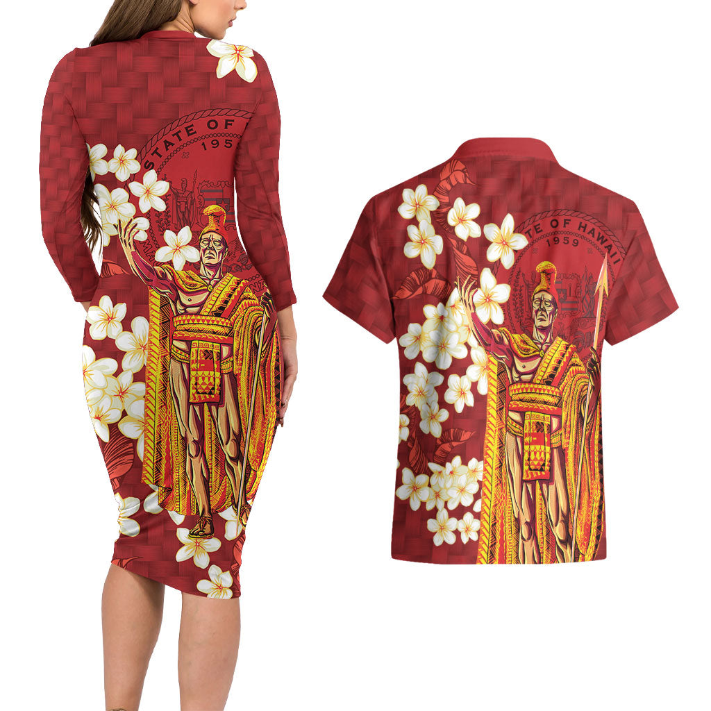 Hawaii King Kamehameha Couples Matching Long Sleeve Bodycon Dress and Hawaiian Shirt Plumeria Lauhala Pattern LT01 - Polynesian Pride