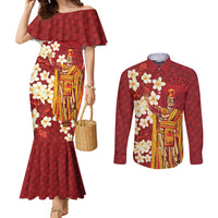 Hawaii King Kamehameha Couples Matching Mermaid Dress and Long Sleeve Button Shirt Plumeria Lauhala Pattern