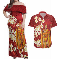 Hawaii King Kamehameha Couples Matching Off Shoulder Maxi Dress and Hawaiian Shirt Plumeria Lauhala Pattern LT01 Red - Polynesian Pride
