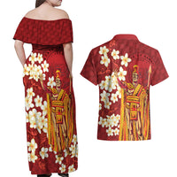 Hawaii King Kamehameha Couples Matching Off Shoulder Maxi Dress and Hawaiian Shirt Plumeria Lauhala Pattern LT01 - Polynesian Pride