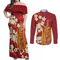Hawaii King Kamehameha Couples Matching Off Shoulder Maxi Dress and Long Sleeve Button Shirt Plumeria Lauhala Pattern