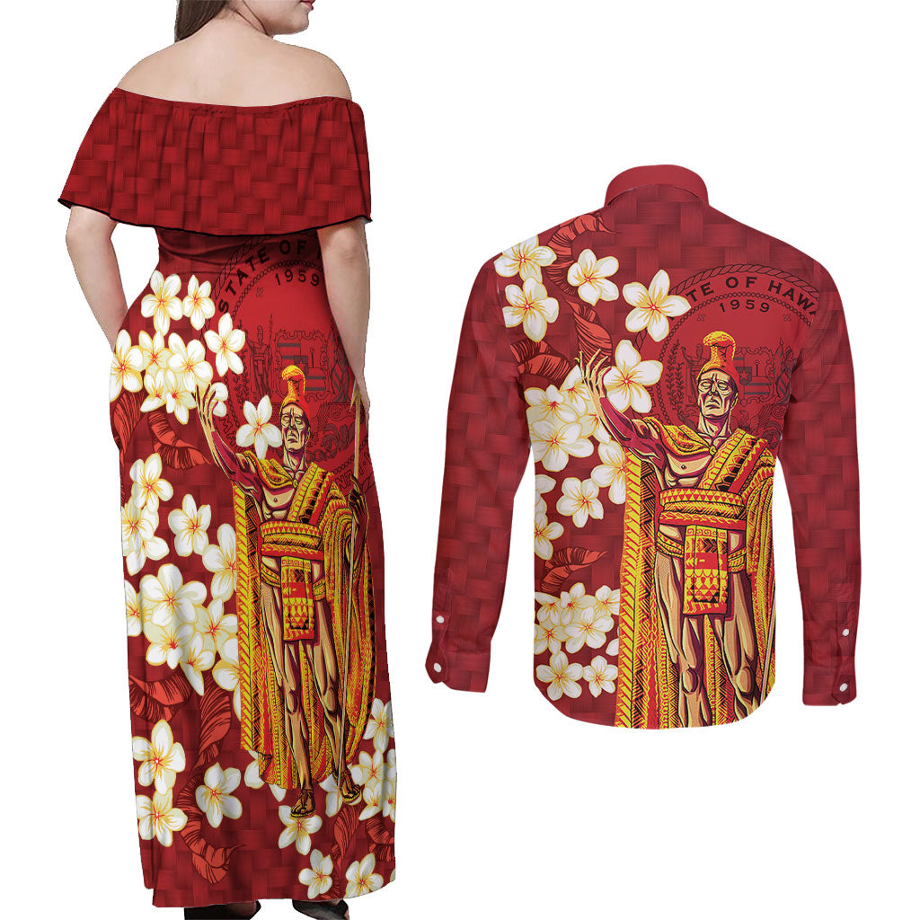 Hawaii King Kamehameha Couples Matching Off Shoulder Maxi Dress and Long Sleeve Button Shirt Plumeria Lauhala Pattern