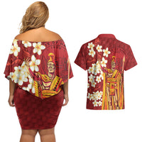 Hawaii King Kamehameha Couples Matching Off Shoulder Short Dress and Hawaiian Shirt Plumeria Lauhala Pattern LT01 - Polynesian Pride