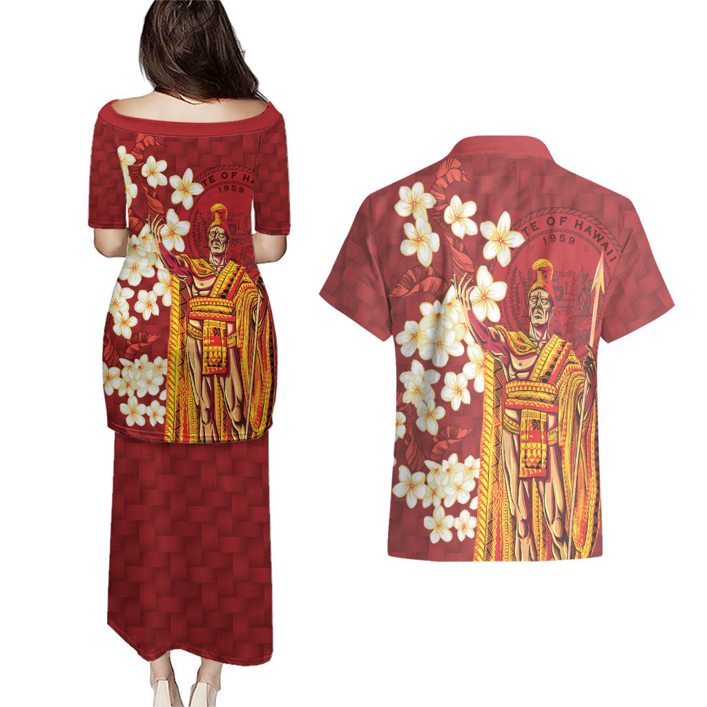 Hawaii King Kamehameha Couples Matching Puletasi and Hawaiian Shirt Plumeria Lauhala Pattern