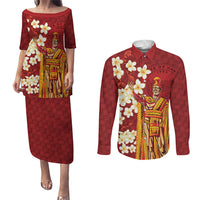 Hawaii King Kamehameha Couples Matching Puletasi and Long Sleeve Button Shirt Plumeria Lauhala Pattern LT01 Red - Polynesian Pride