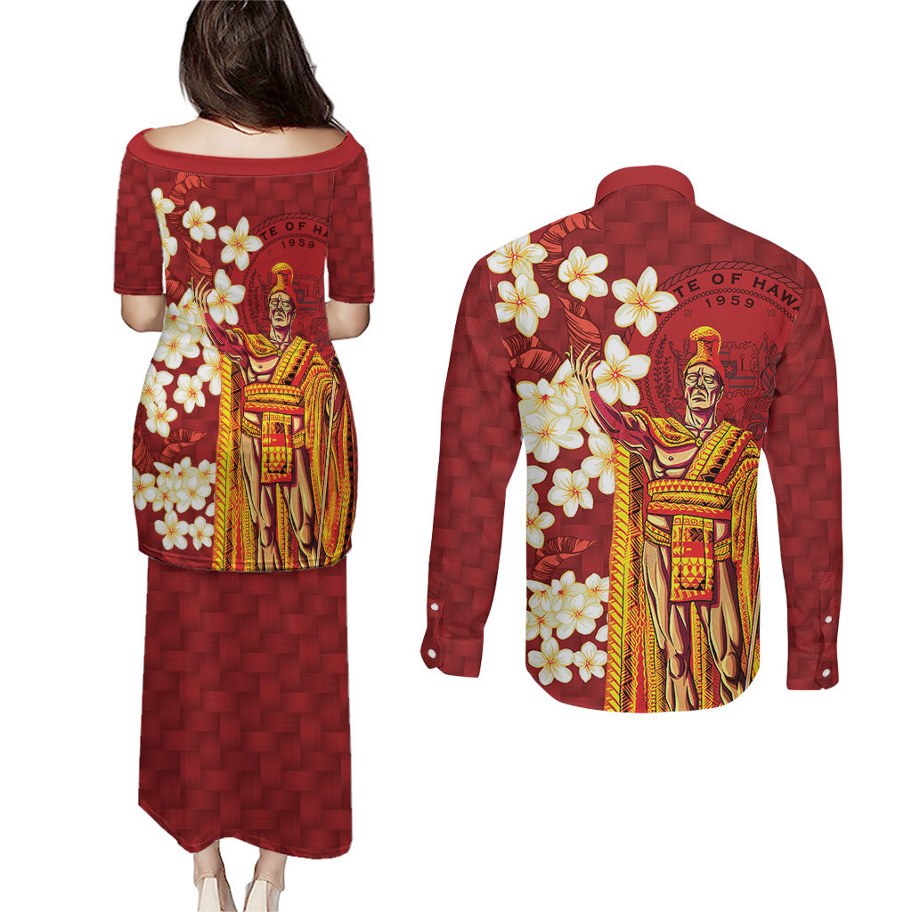 Hawaii King Kamehameha Couples Matching Puletasi and Long Sleeve Button Shirt Plumeria Lauhala Pattern LT01 - Polynesian Pride